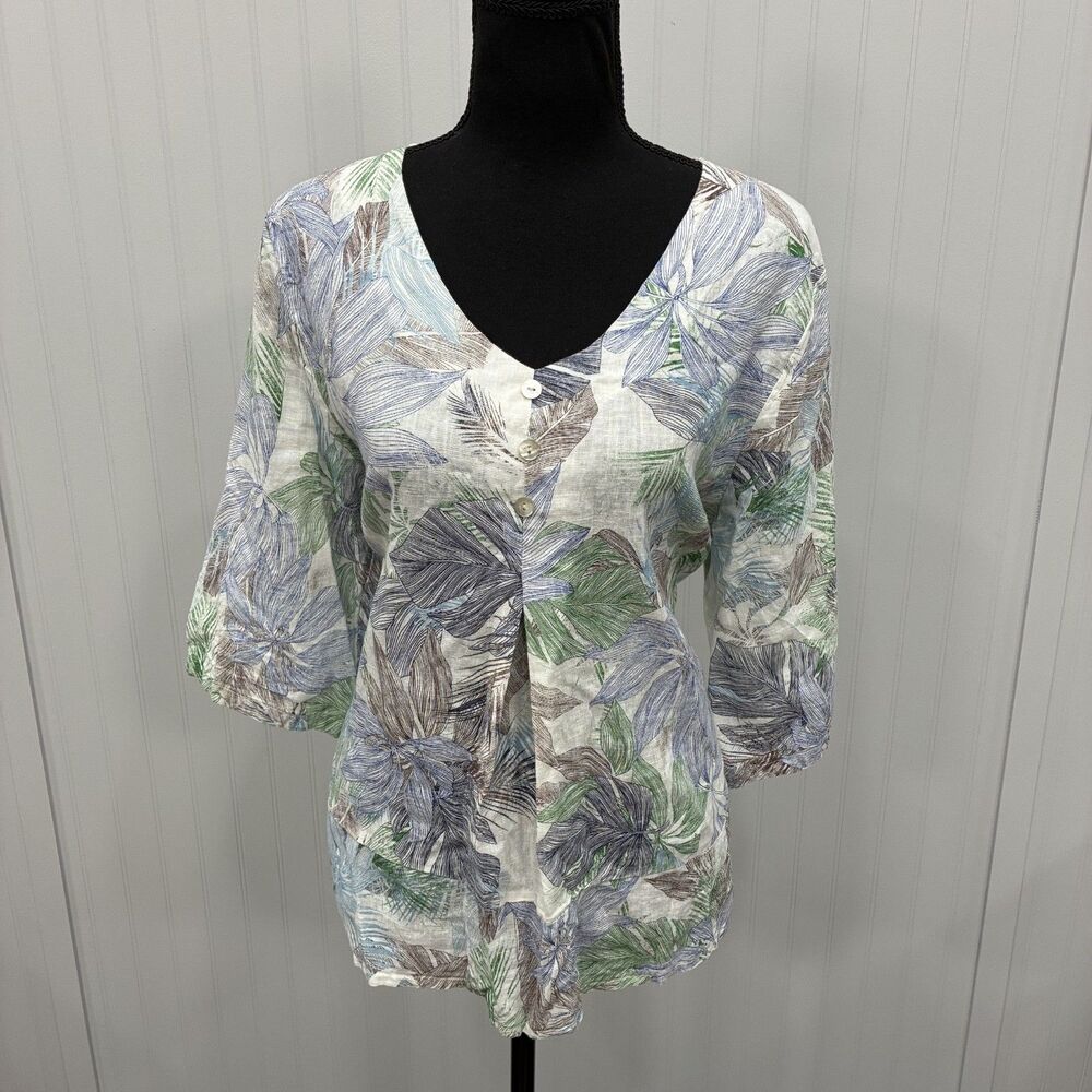 Kaktus Women's Large Multicolor Palm Tree 100% Linen Italian Blouse Resortwear